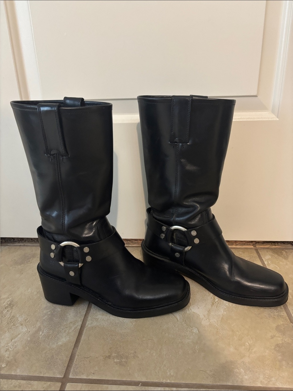 Frye Black Kate Harness Leather Mid-Calf Boots